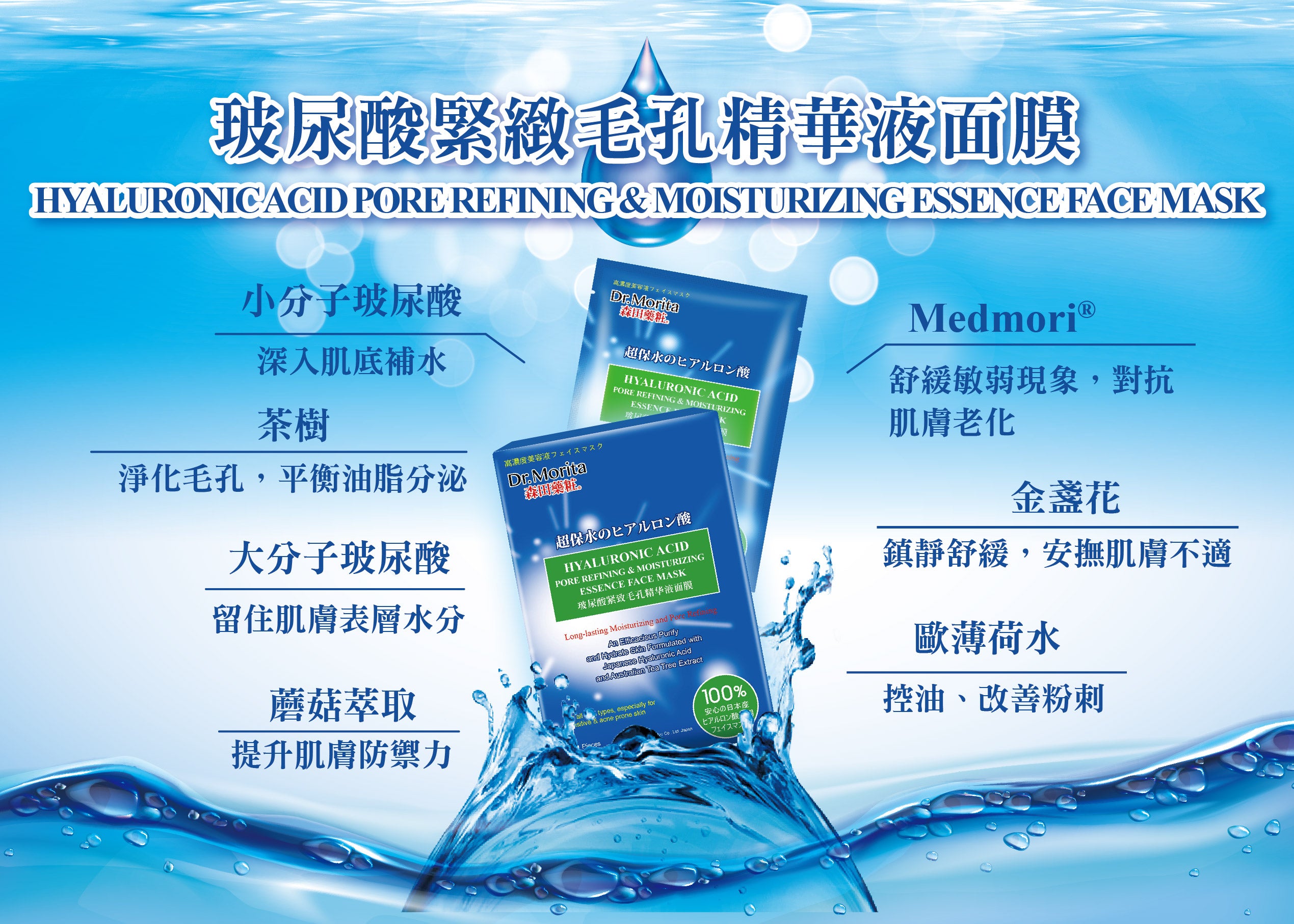 森田藥粧玻尿酸緊緻毛孔精華液面膜 5入 Dr. Morita Hyaluronic Acid Pore Refining & Moisturizing Essence Face Mask 5 pack